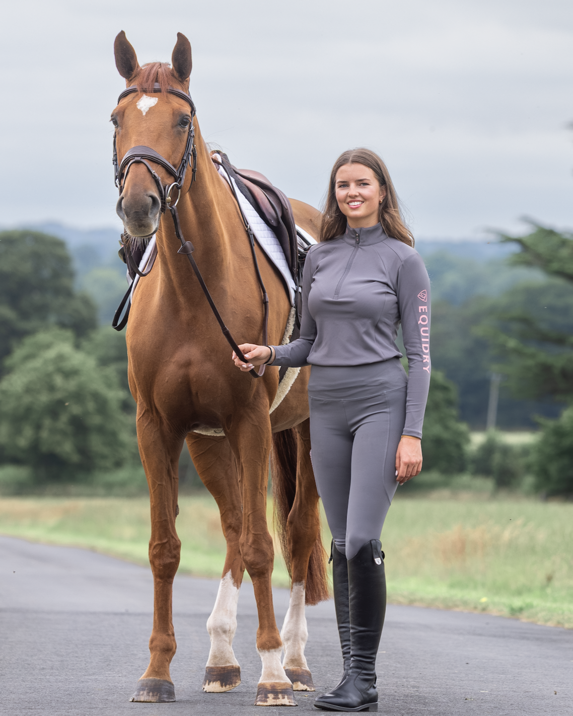 EQUIDRY Water Repellent Leggings Knee Grip Women's Grey/Pink with Horse | Equestrian Riding Apparel