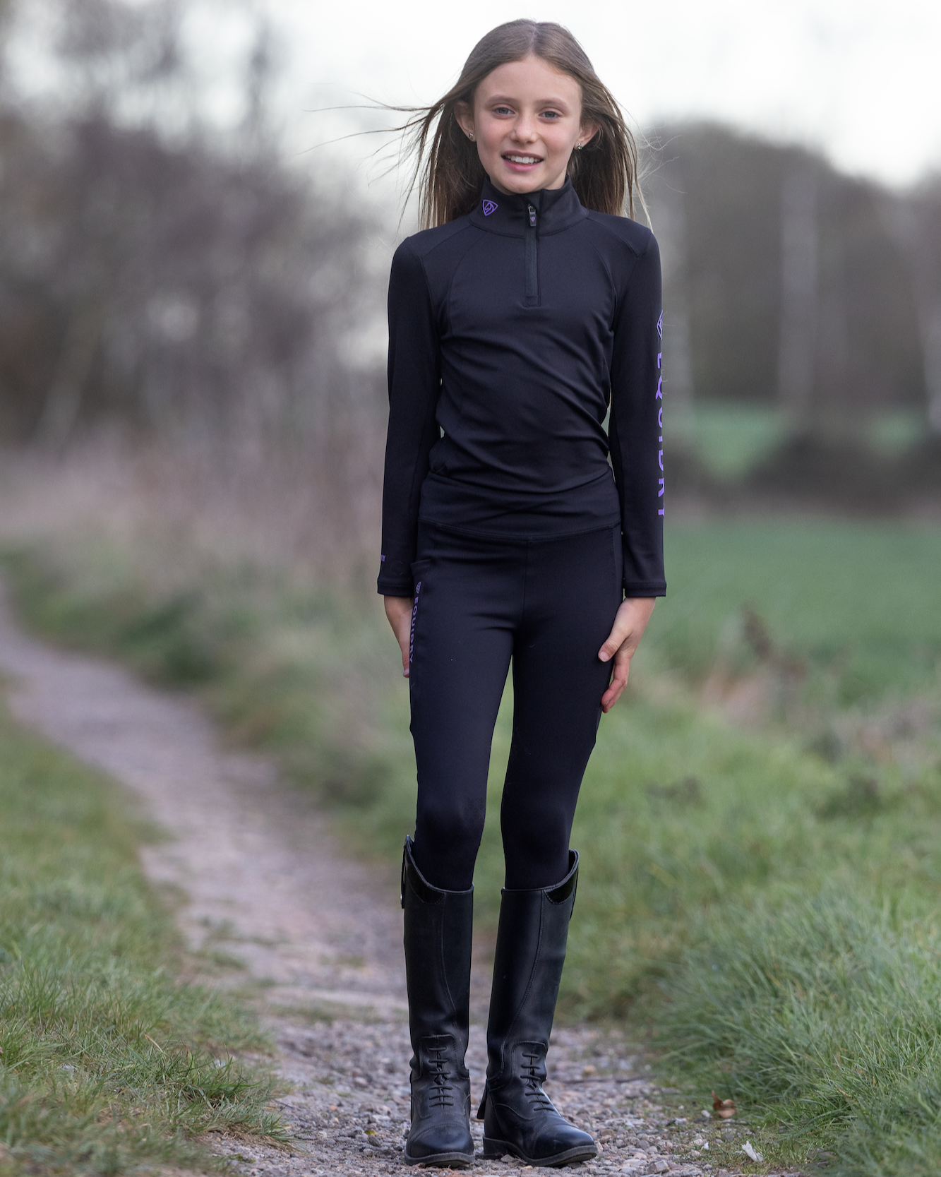 EQUIDRY Water Repellent Leggings Knee Grip Children's Black/Lilac