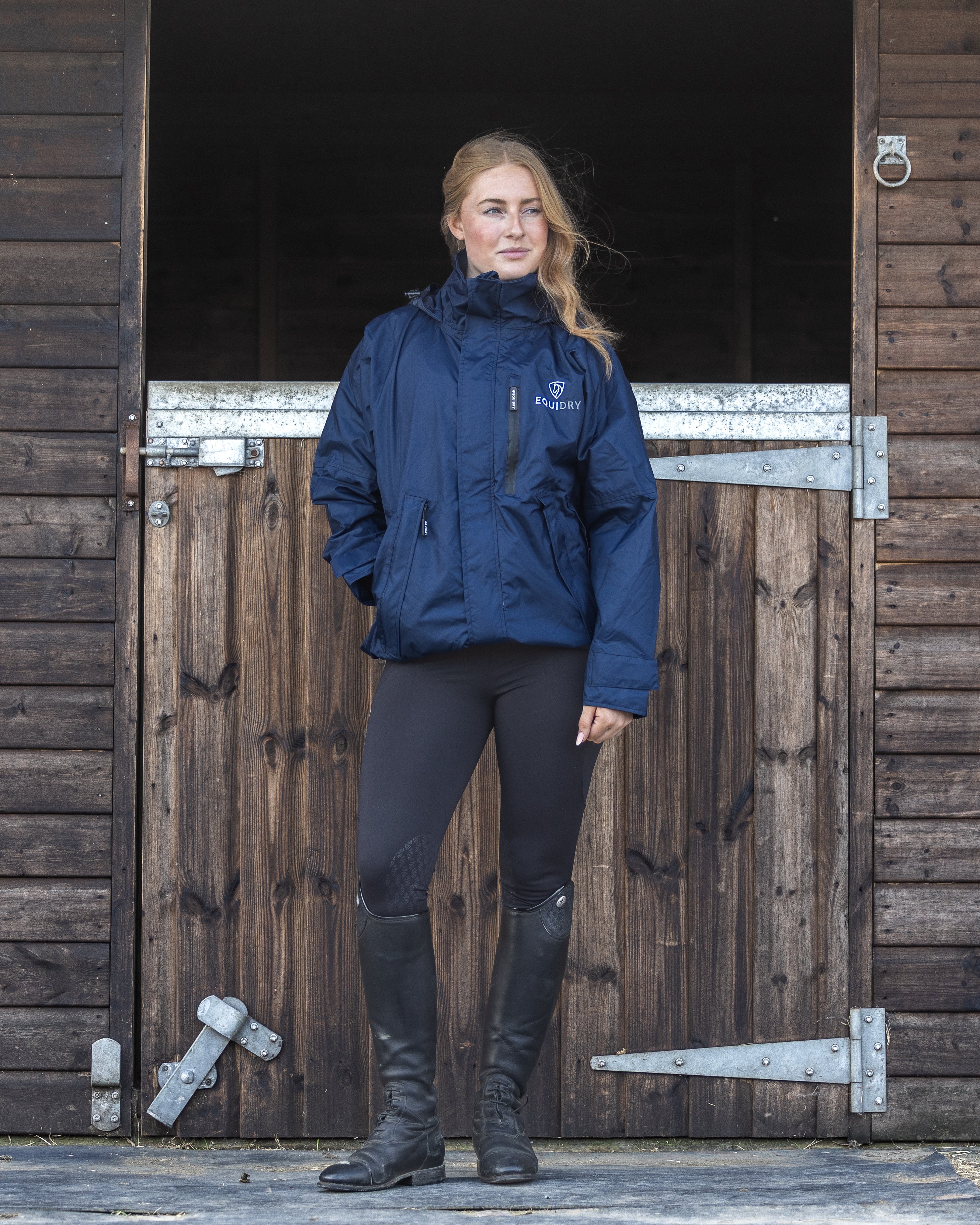 EQUIDRY Shortie Women's Waterproof Jacket in Navy: Equestrian Style & Comfort by Equiflair. Horse Riding Apparel for Ladies.