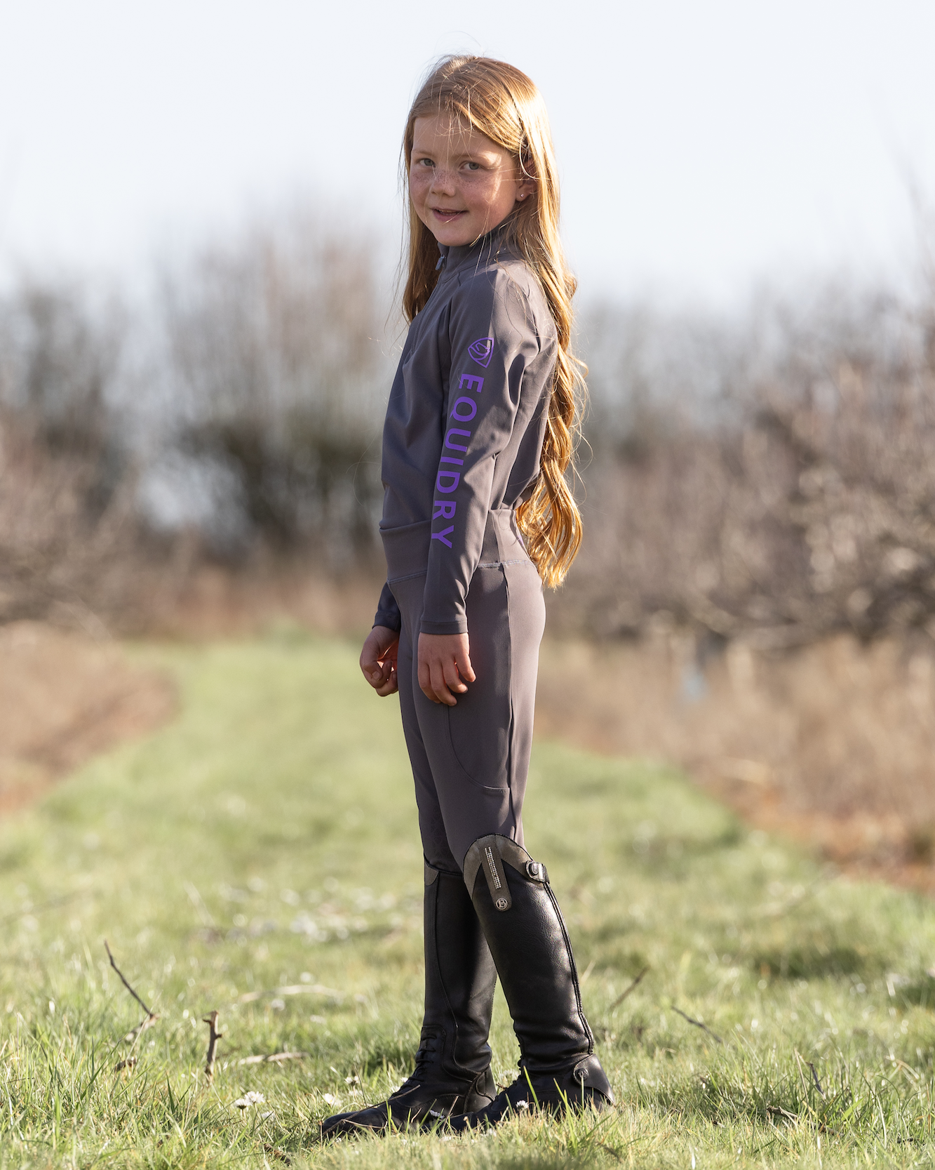 EQUIDRY Water Repellent Leggings Knee Grip Children's Grey/Lilac