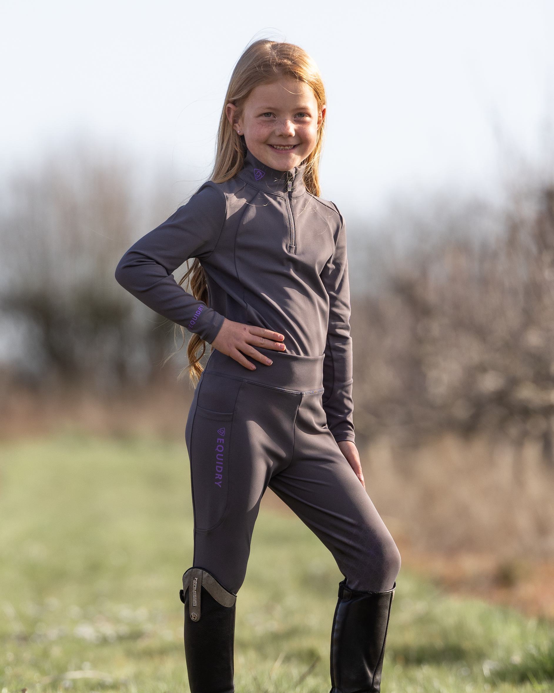 Equidry Children's Equestrian Base Layer Grey/Lilac: Water Repellent, Comfortable Riding Apparel