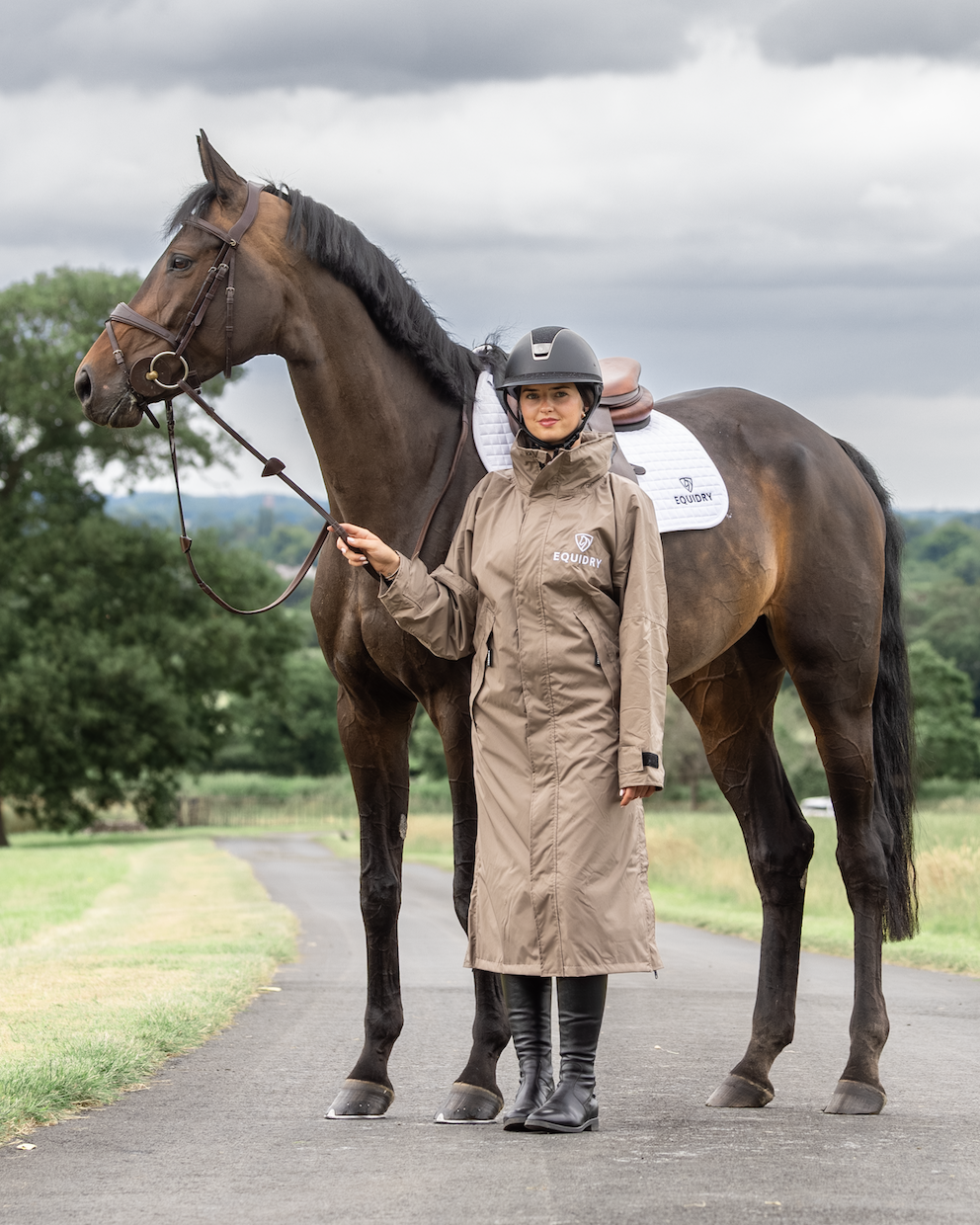 EQUIDRY EVOLUTION Women's Waterproof Coat, Taupe Mesh Lined - Equestrian Rider with Horse