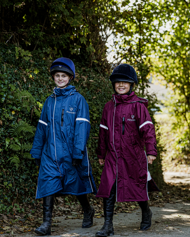 EQUIDRY waterproof horse riding raincoat thin fleece pro ride reflective kids plum and steel blue childrens jackets