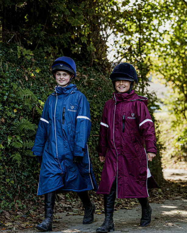 Childrens EQUIDRY Waterproof Horse Riding Coats: Blue & Plum. Equestrian Rain Gear for Kids