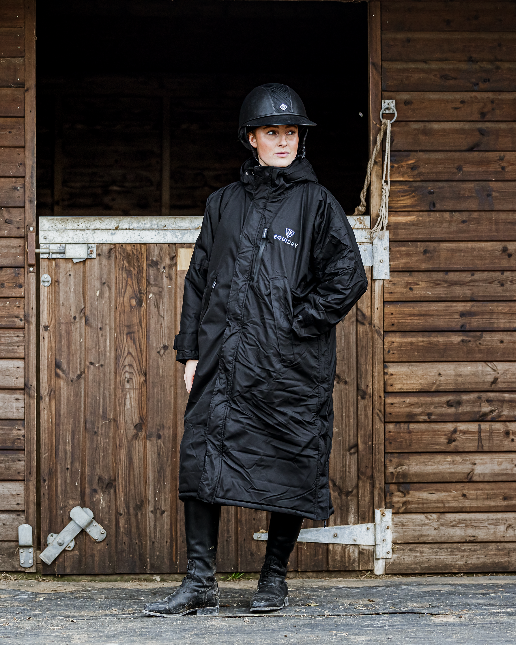 Equidry Equestrian Riding Coat, Woman Wearing Waterproof Black Fleece Lined Equestrian Coat