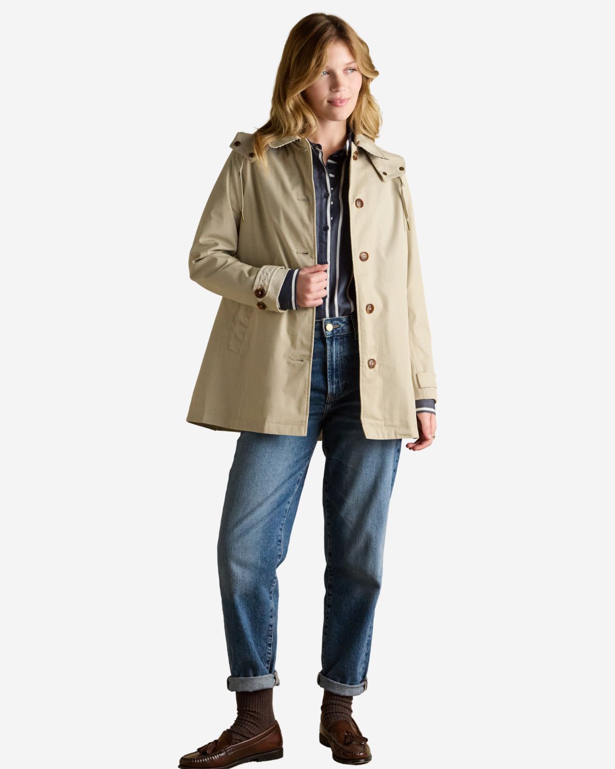 Joules Rainmore Waterproof Raincoat - Neutral Button-Through Coat for Women | Equiflair