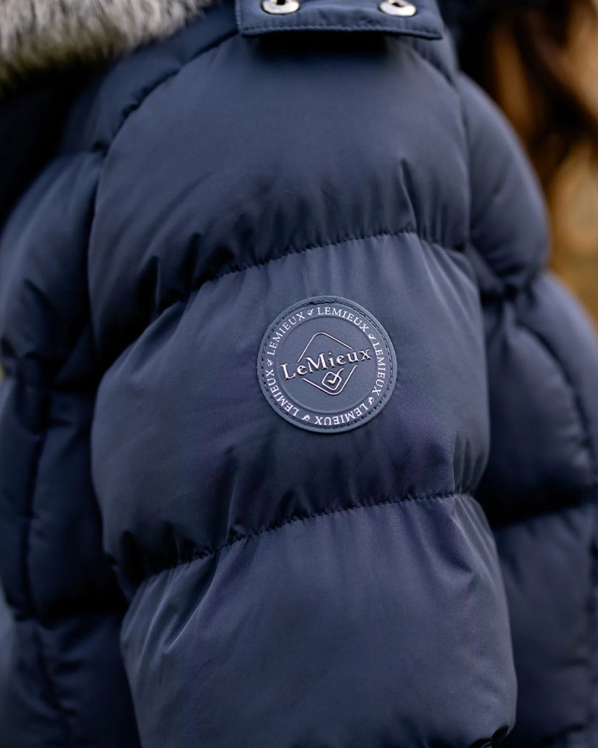 LeMieux Harper Longline Puffer Coat Navy - Ladies Warm Winter Jacket with Faux Fur Hood. Equestrian Fashion.