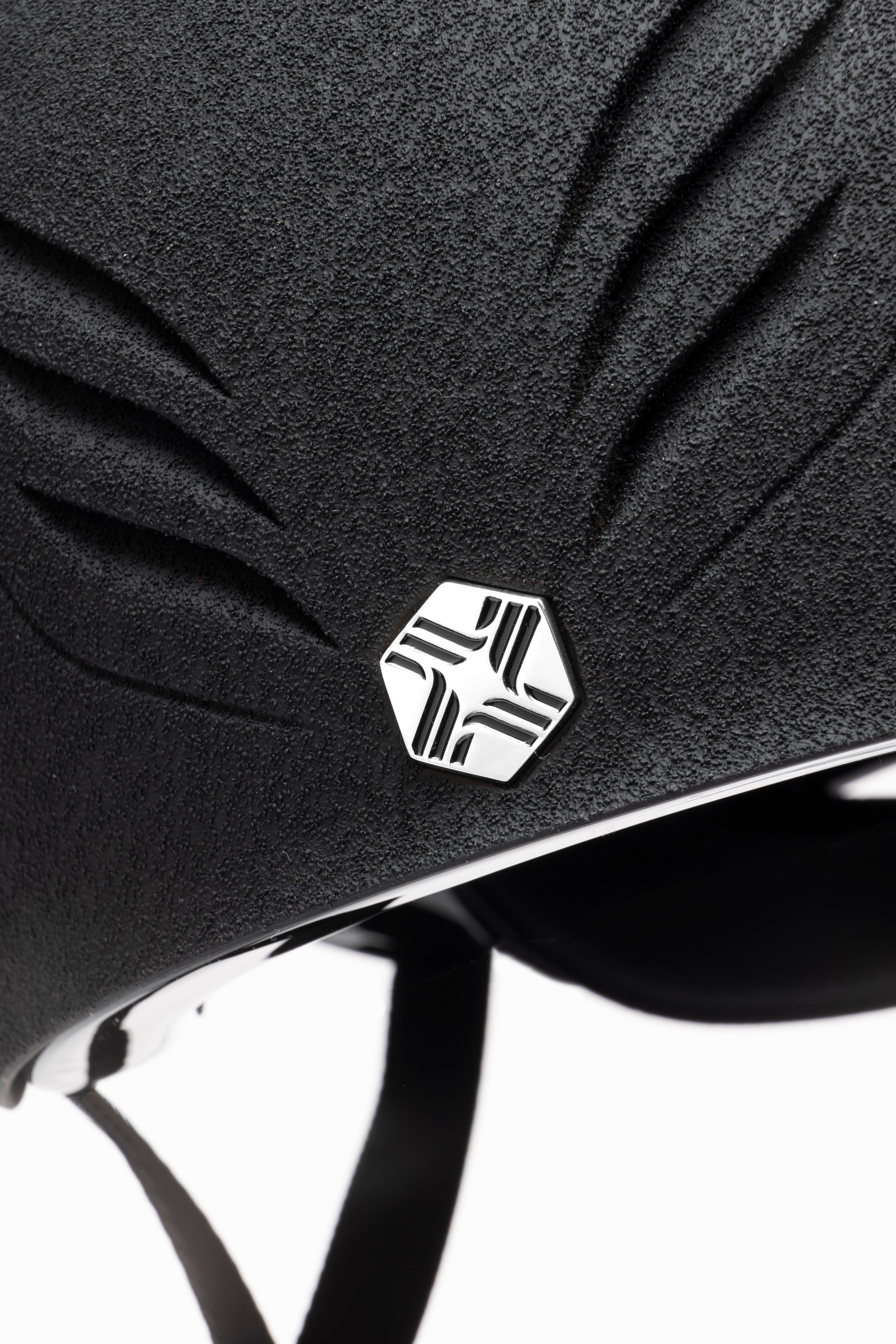 Charles Owen EQx Phoenix MIPS Jockey Skull Hat - Black & Silver. High-Performance equestrian safety helmet.