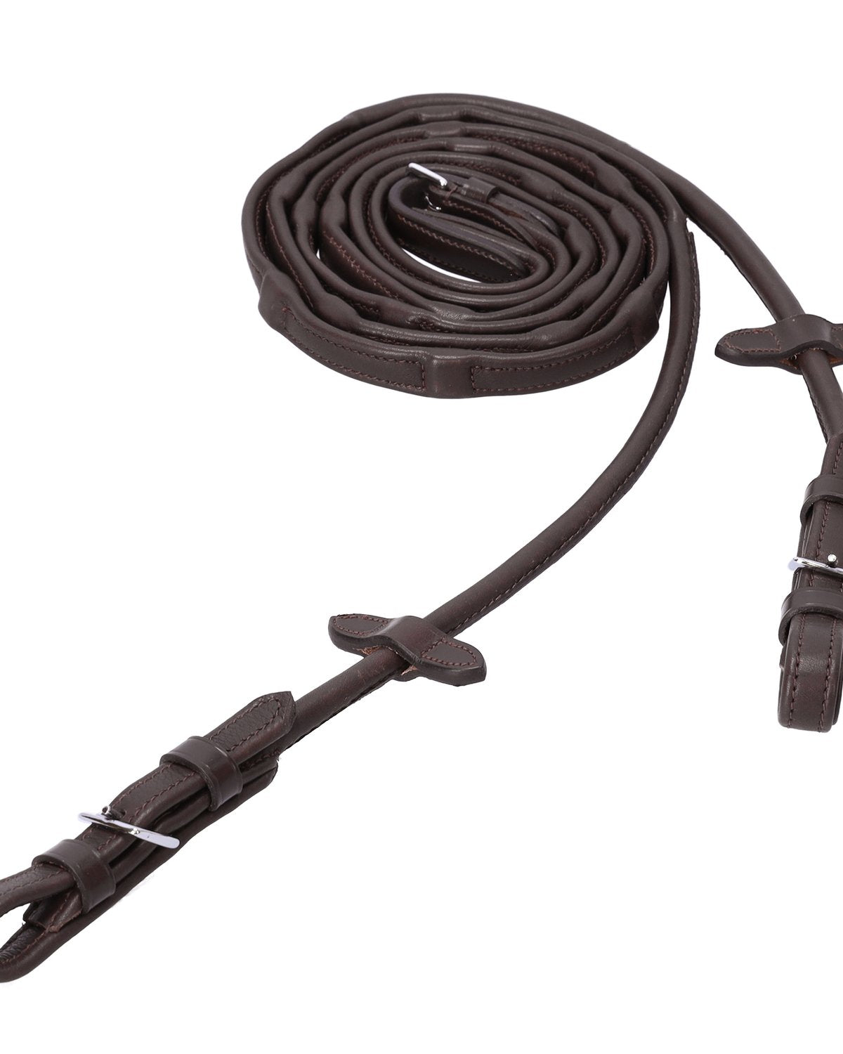 Schockemöhle DuraSoft Leather Reins - Rolled Dark Brown Horse Riding Reins with Silver Fittings