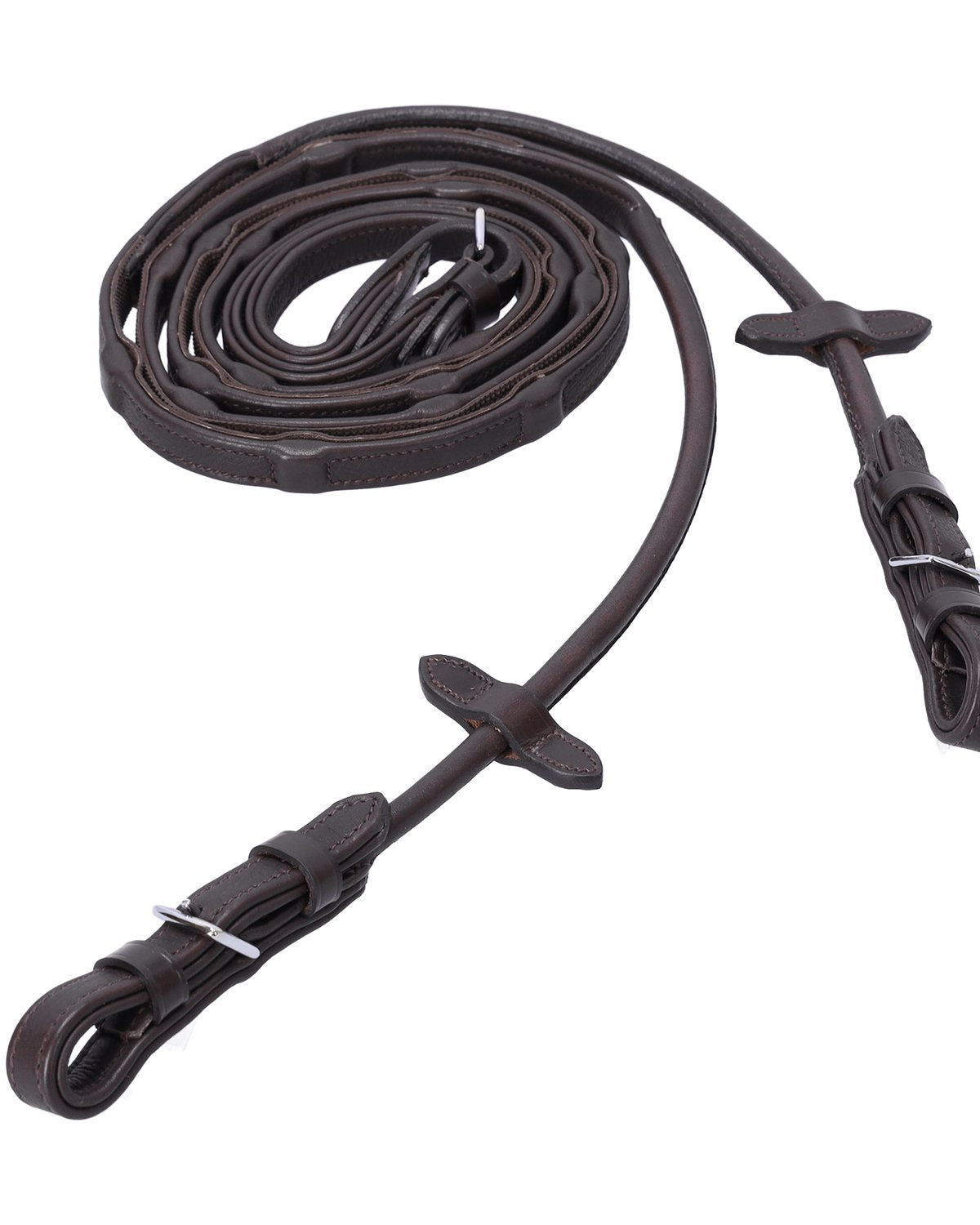 Schockemohle Durasoft Reins: Dark Brown Leather Rolled Grip Riding Reins with Silver Hardware - Equiflair Equestrian Supplies
