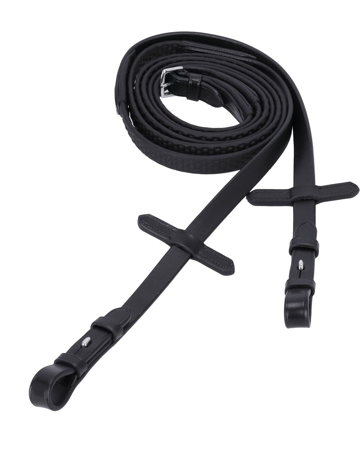 SCHOCKEMOHLE Rubber Reins - Soft Rubber Dots, Black & Silver - Flat Reins with Leather Ends and Bridle Hooks