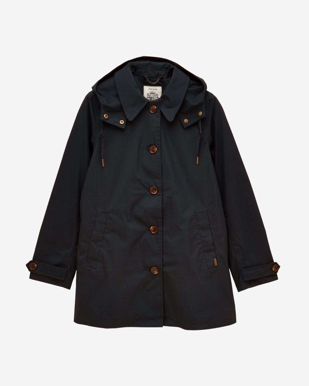 JOULES Rainmore Navy Waterproof Button Raincoat, Hooded Women's Jacket, Equiflair