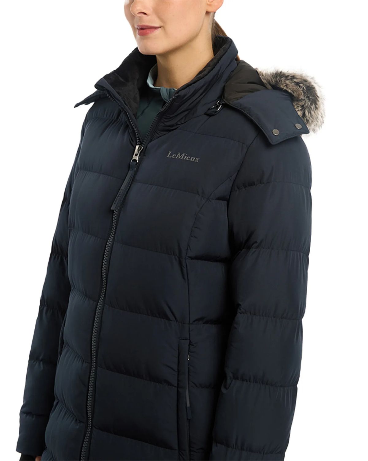 LeMieux Harper Longline Puffer Coat Navy: Women's Winter Jacket with Faux Fur Hood & DuPont Filling. Stay Warm in Style!