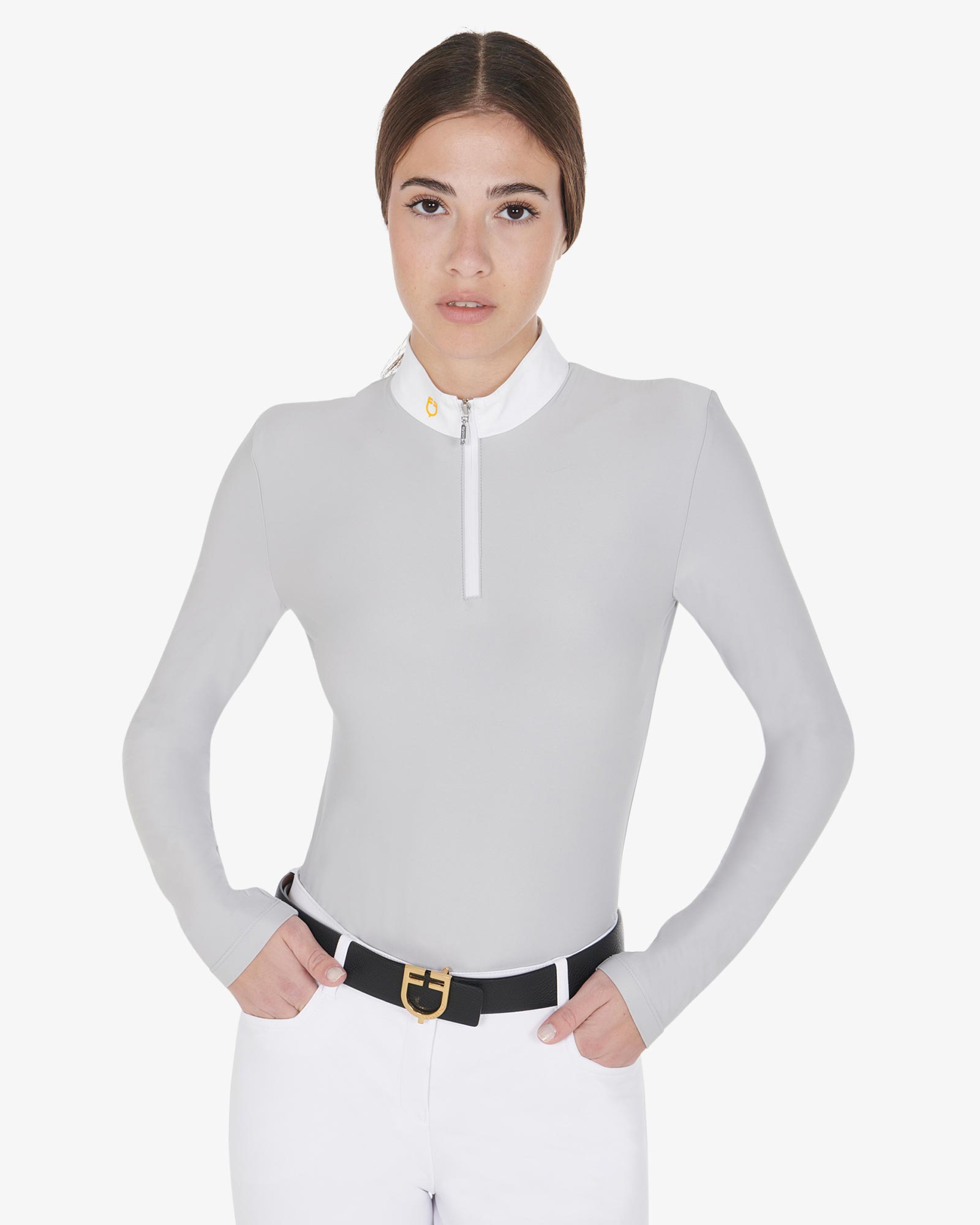 Equestro Women'S Long Sleeved Polo Shirt In Technical Fleece Fabric Grey - T-Shirts, Polos & Tops Clothing on-sale XS