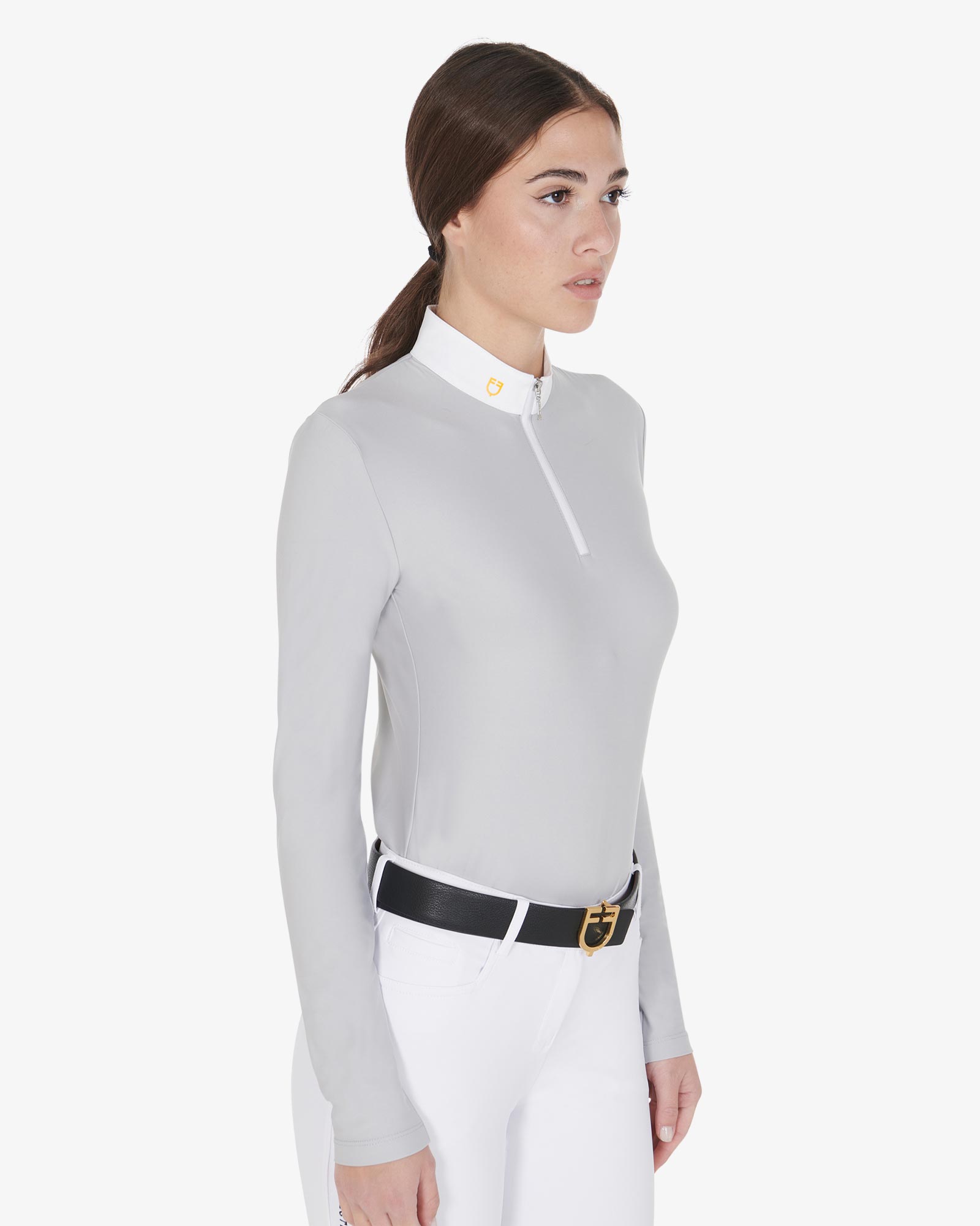 Equestro Women'S Long Sleeved Polo Shirt In Technical Fleece Fabric Grey