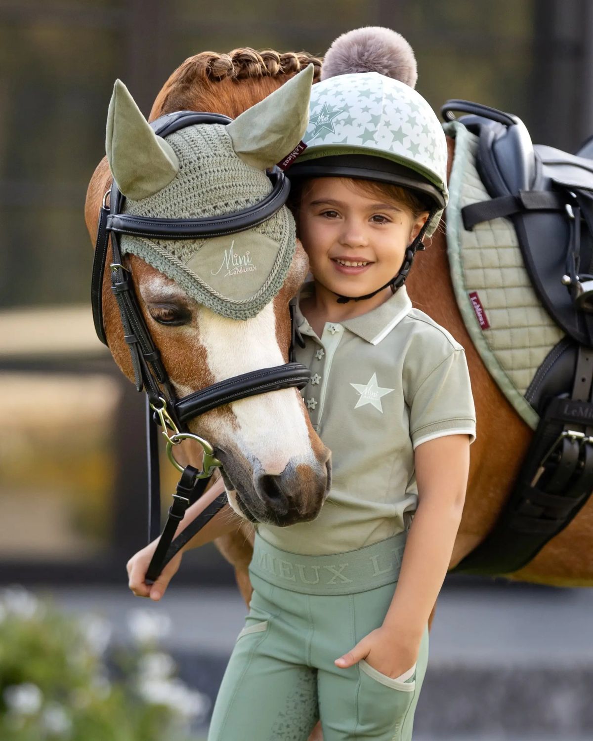 LeMieux Mini Fly Hood Fern on Pony with Child Rider. Equestrian Style & Comfort for Ponies, Equiflair.