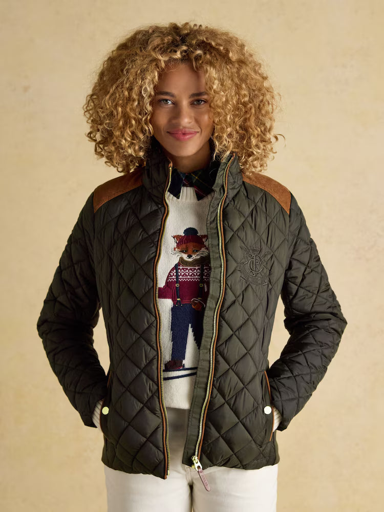 Joules Braemar Luxe Khaki Green Showerproof Diamond Quilted Coat