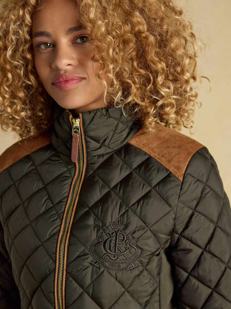 Joules Braemar Luxe Khaki Green Showerproof Diamond Quilted Coat