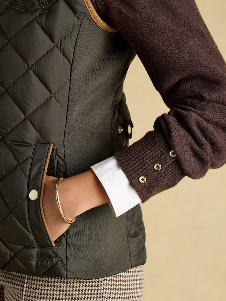 Joules Braemar Luxe Khaki Green Showerproof Diamond Quilted Gilet