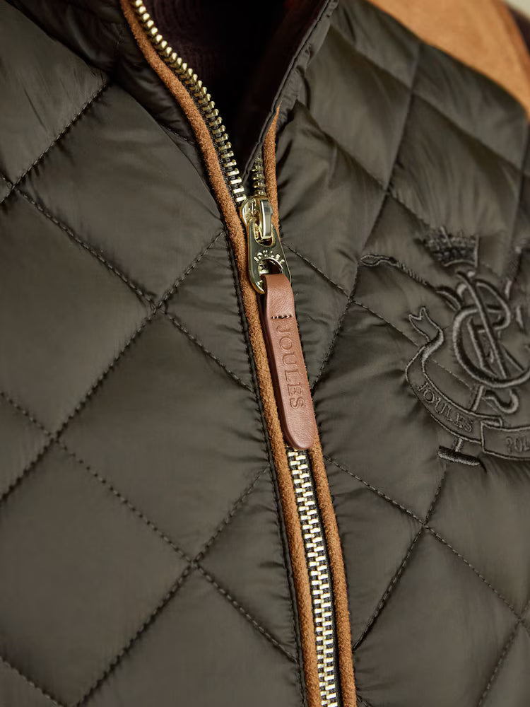 Joules Braemar Luxe Khaki Green Showerproof Diamond Quilted Gilet