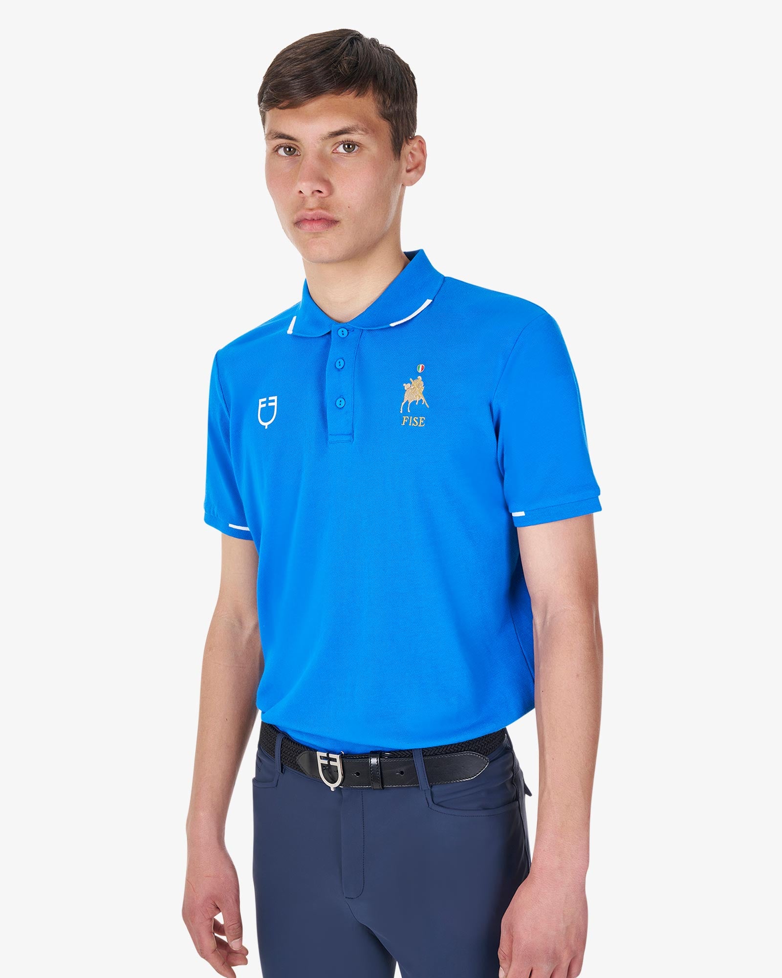 Equestro Men's Three Button Training Polo Shirt Equestro X Fise Azzurro Savoia