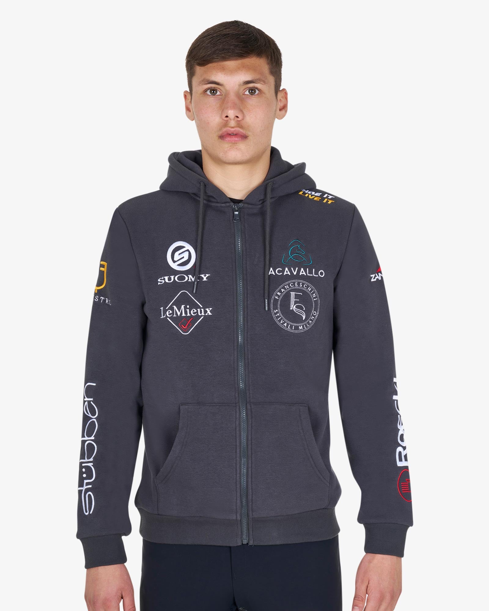 Equestro Men's Sweatshirt With Multi Logo Hood Asphalt - Jumpers, Fleeces & Hoodies Clothing Leisure Wear XS