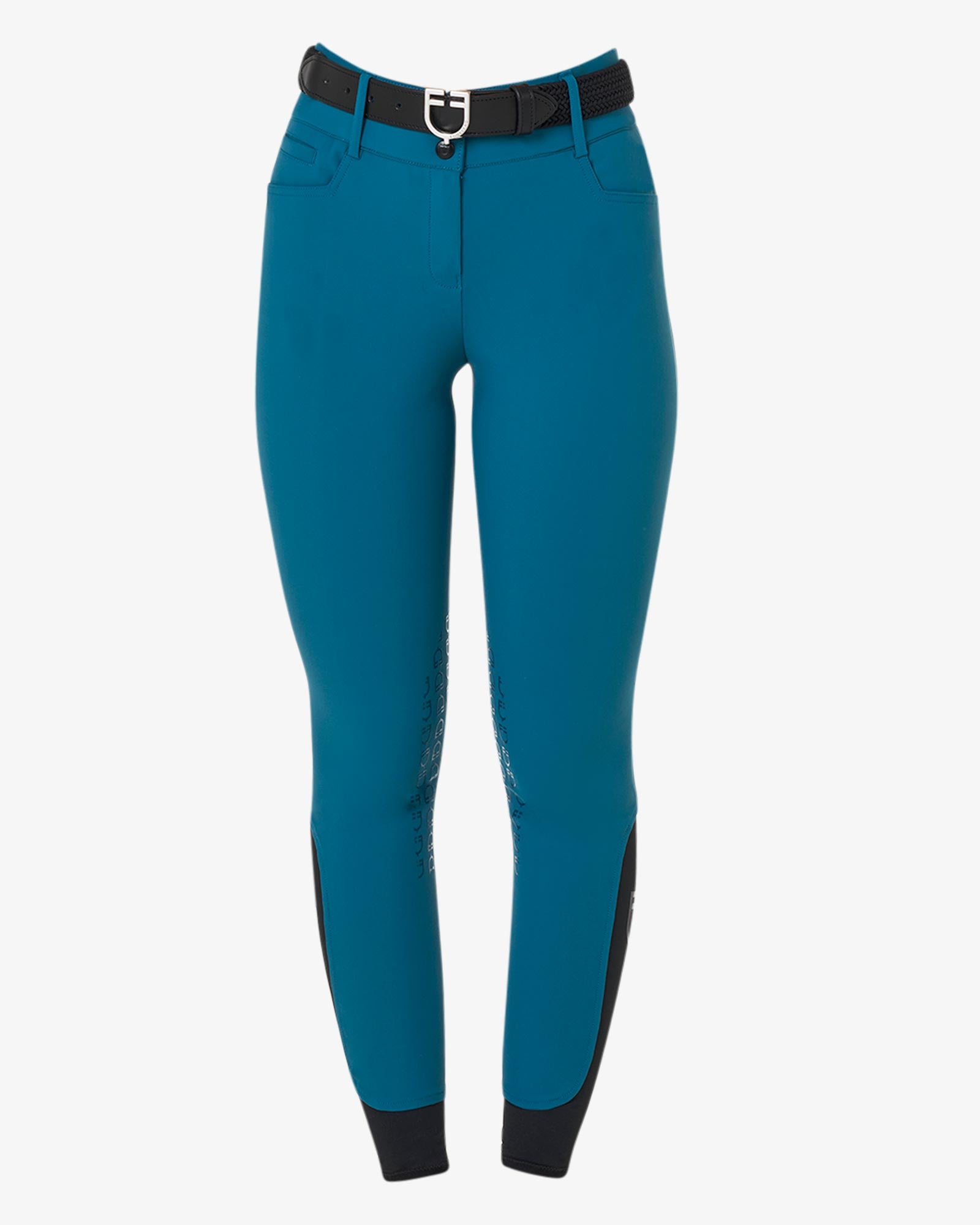 Equestro Women's High Waisted Knee Grip Breeches Blue Coral - Riding Legwear Clothing 36