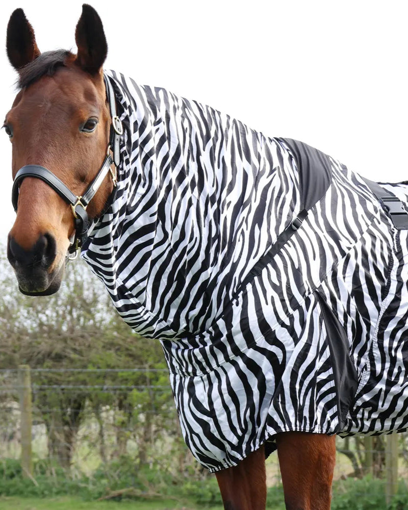 Horse wearing StormX Original Sweet Itch Zebra Rug - black and white Equiflair