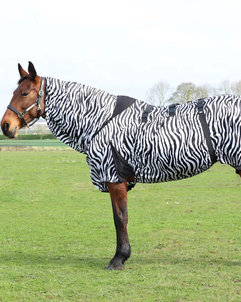 Horse wearing zebra print fly rug with UV protection. StormX Original Sweet Itch Zebra Rug for insect and sun protection.