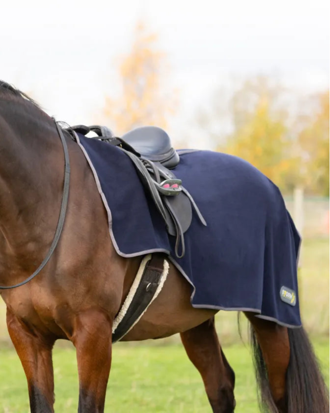 STORMX Fleece Exercise Sheet - Navy/Grey on Horse | Equiflair: Warm, Breathable, Training, Hacking, Show Warm-Up.