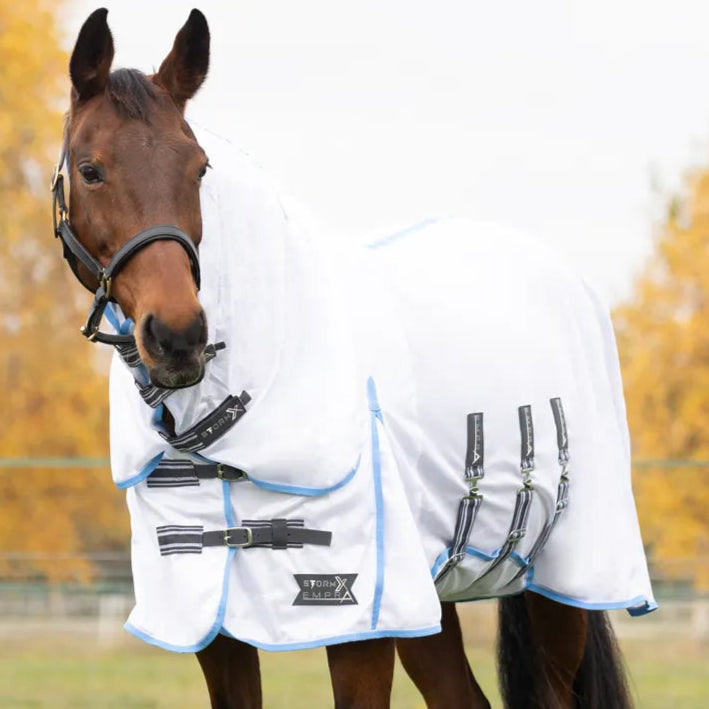 STORMX EMPRA Gladiator Horse Fly Rug - UV Protection, White & Blue, Equiflair