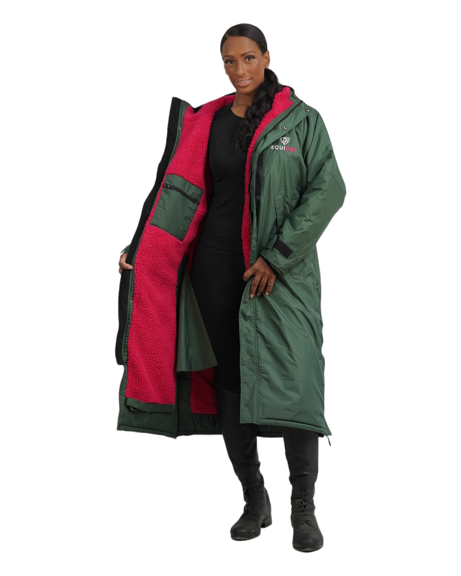 EQUIDRY Women's Waterproof Riding Coat - Black Forest Green with Pink Lining | Equestrian Outerwear