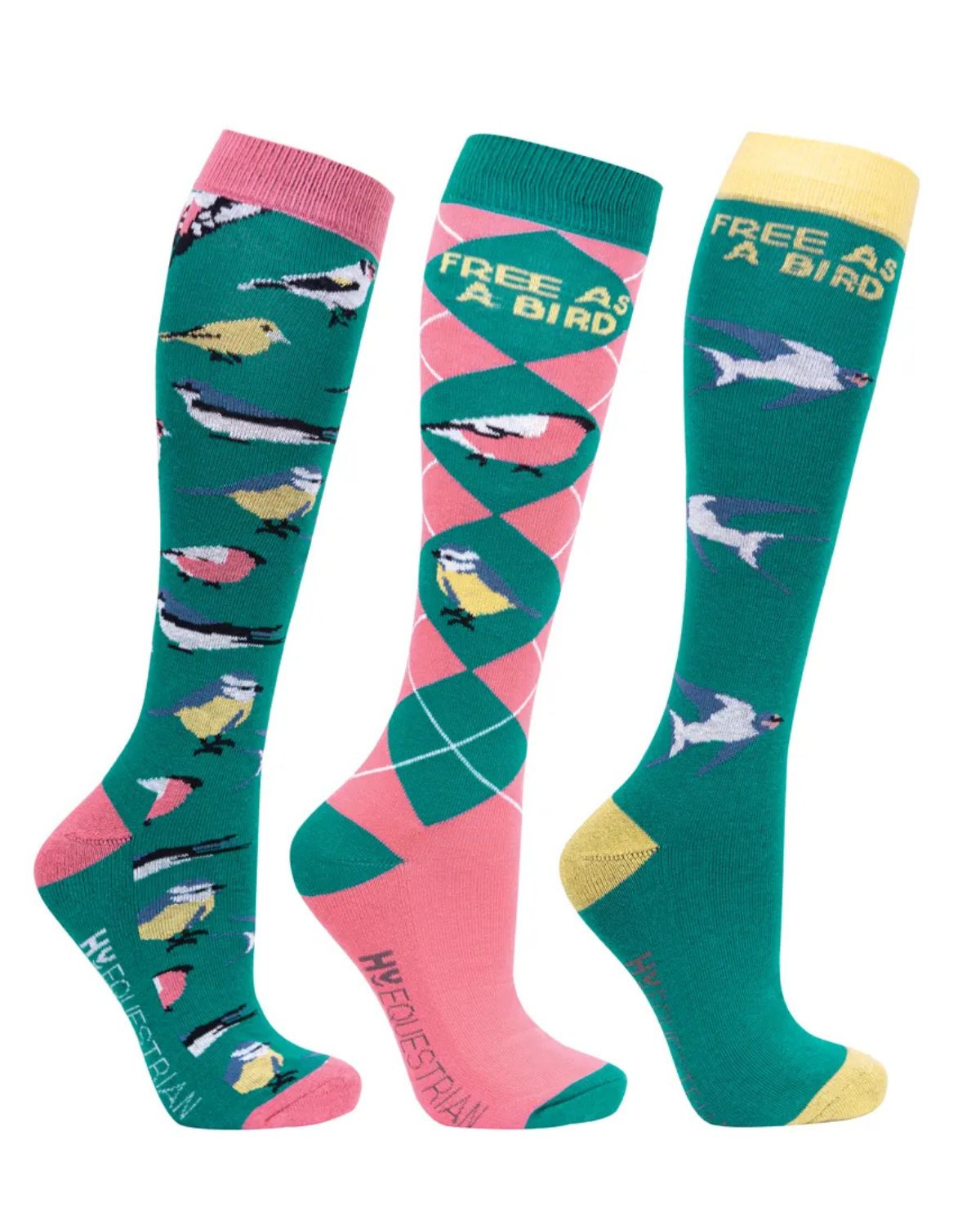 Hy Equestrian Free As A Bird Socks Pack of 3 - Fern/Pink - Riding Socks Clothing location-31143526467-outofstock