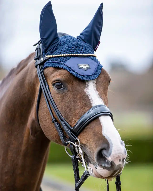 LeMieux Loire Navy Fly Hood on Horse | Equestrian Fly Protection | Horse Riding Gear