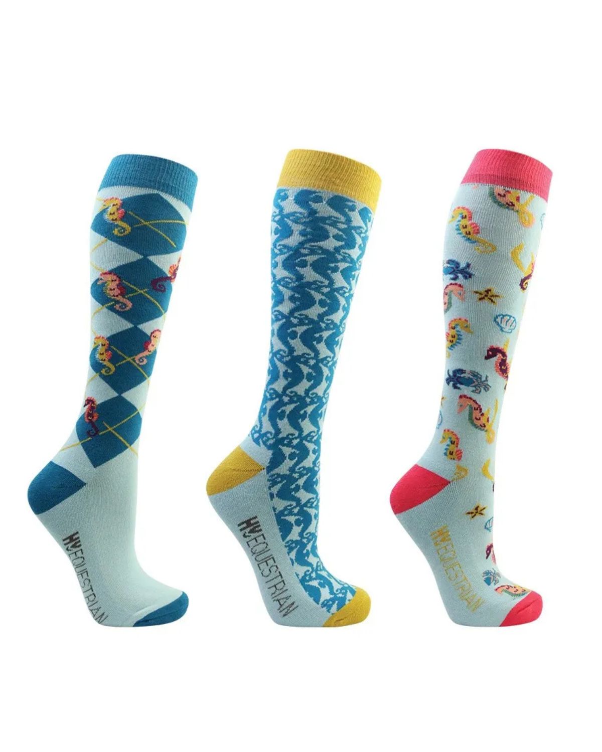 Hy Equestrian Shanti Seahorse Socks Pack of 3 - Light Blue/Blue - Riding Socks Clothing location-31143526467-outofstock…