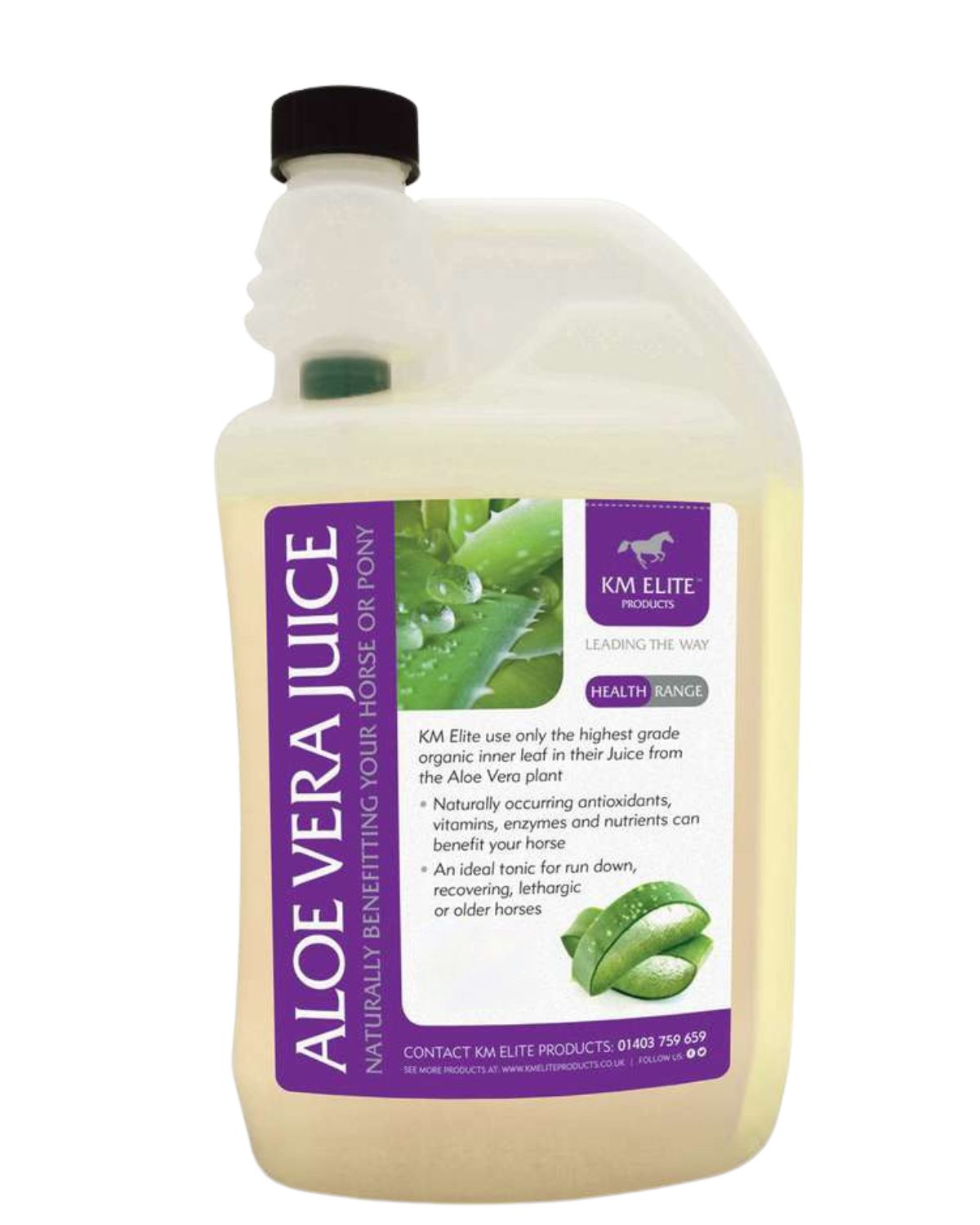 KM Elite Aloe Vera Juice: Natural Horse Supplement for Digestion, Joints & Immunity. Healthy Equine Tonic.