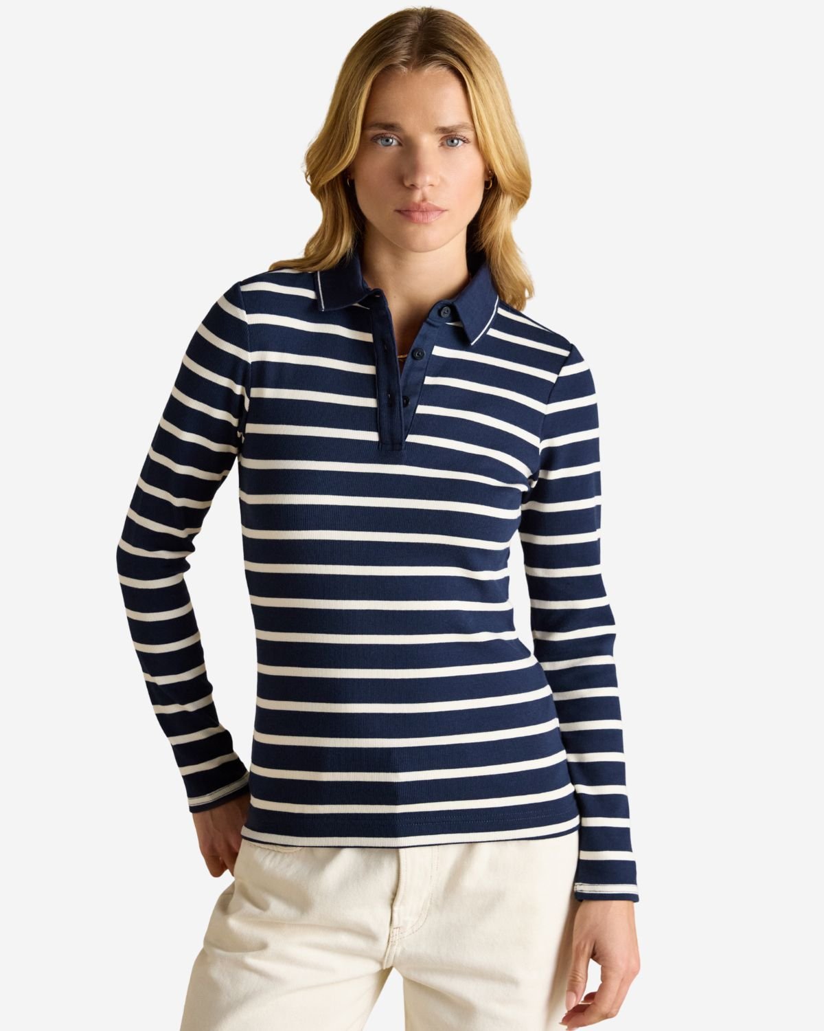 Joules Fairfield Navy & Cream Ribbed Long Sleeve Stripe Polo Top | Equiflair