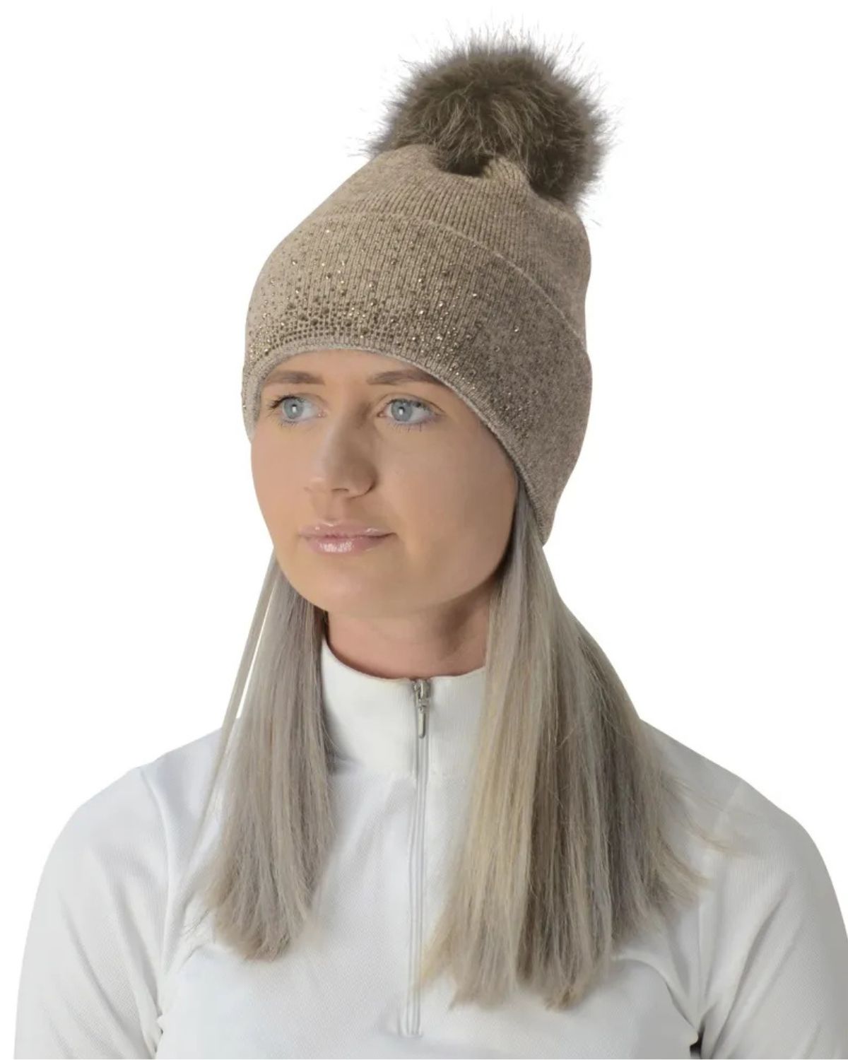 Hy Equestrian Alaska Diamante Bobble Hat Beige/Gold