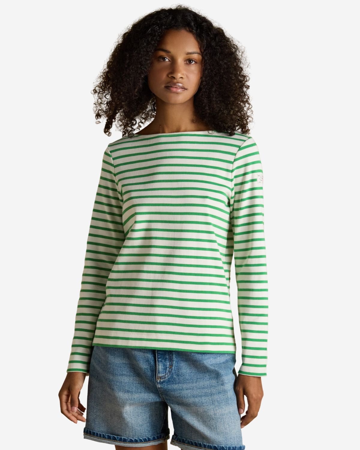 Joules Harbour Cream/Green Boat Neck 100% Cotton Long Sleeve Breton Top | Equiflair