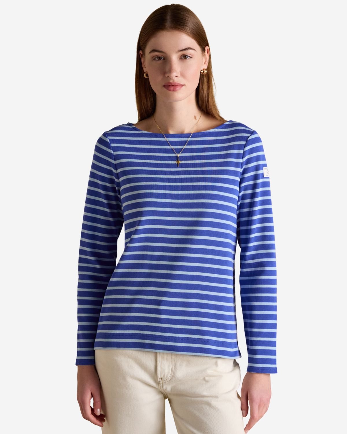 Joules Harbour Dark Blue/Sky Blue Striped Boat Neck Long Sleeve Breton Top | Equiflair