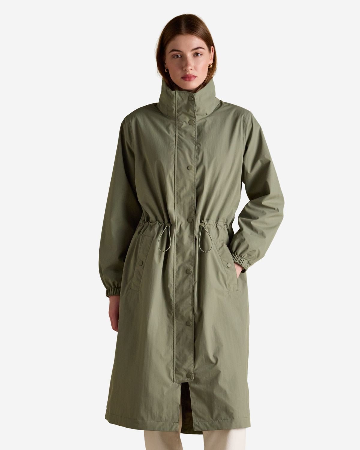 Joules Hensley Khaki Green Longline Waterproof Coat with Packable Hood | Equiflair