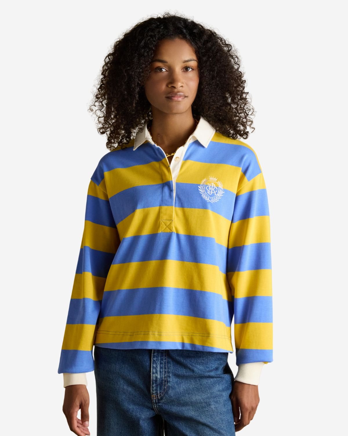 Joules Lara Yellow and Blue Stripe Boxy Fit Rugby Shirt | Equiflair