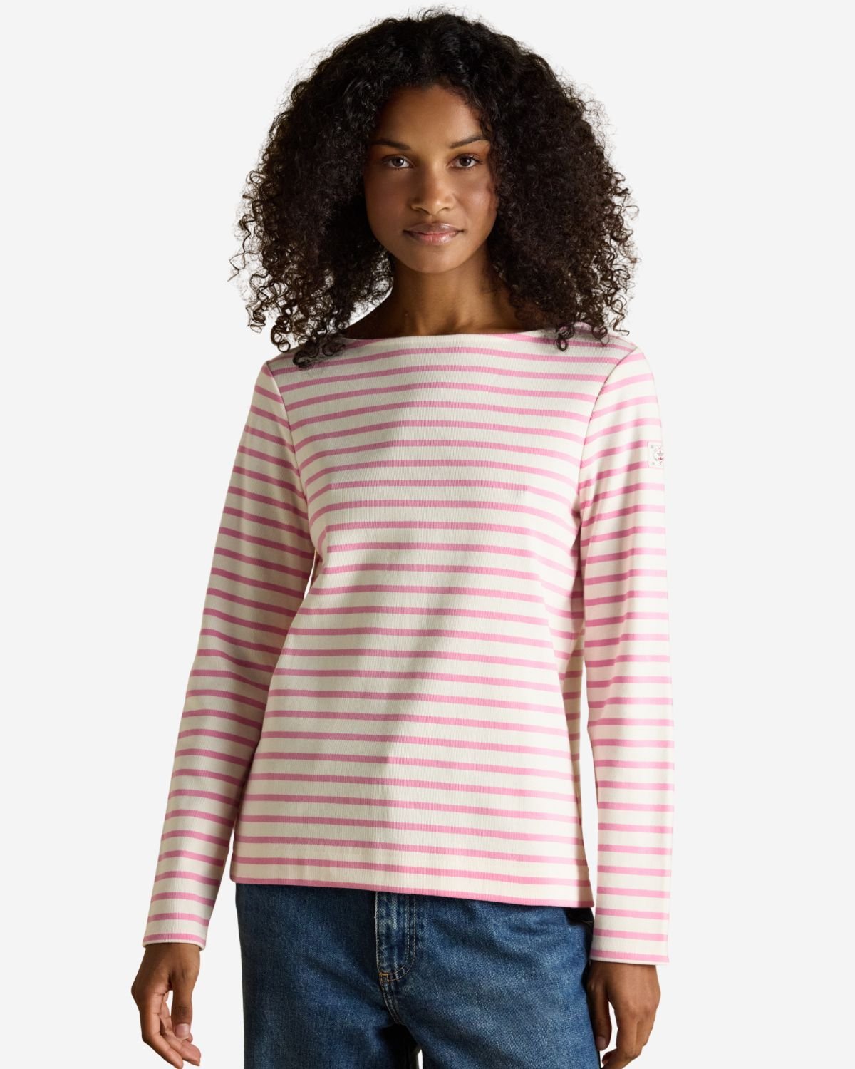 Joules Harbour Cream & Pink Striped Boat Neck Long Sleeve Breton Top | Equiflair