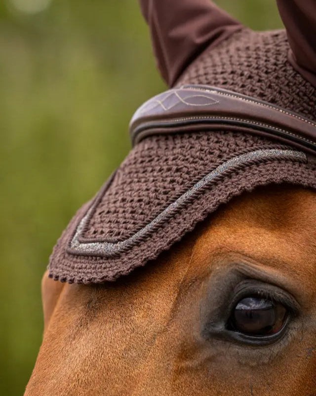 LEMIEUX CRYSTAL FLY HOOD BROWN: Hand-crocheted horse ear bonnet with sparkle, braided trim, and soft stretch ears. Protection from flies.