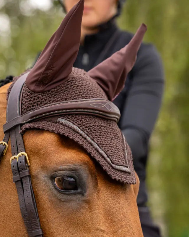 LE MIEUX Crystal Fly Hood Brown: Horse Fly Veil with Ear Bonnet and Crystal Detailing