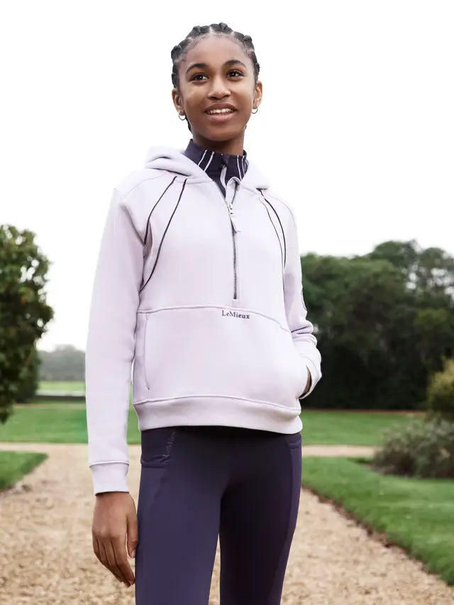 LEMIEUX Young Rider Hettie Half Zip Hoodie in Lilac - Equiflair. Soft cotton, helmet-friendly hoodie for young equestrian athletes.