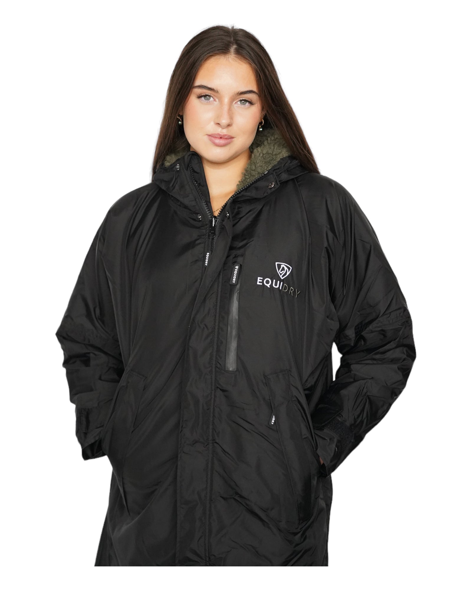 Equidry Evolution Women's Black/Olive Waterproof Riding Coat: Fleece Lined, Oversized Fit, Horse Riding Apparel