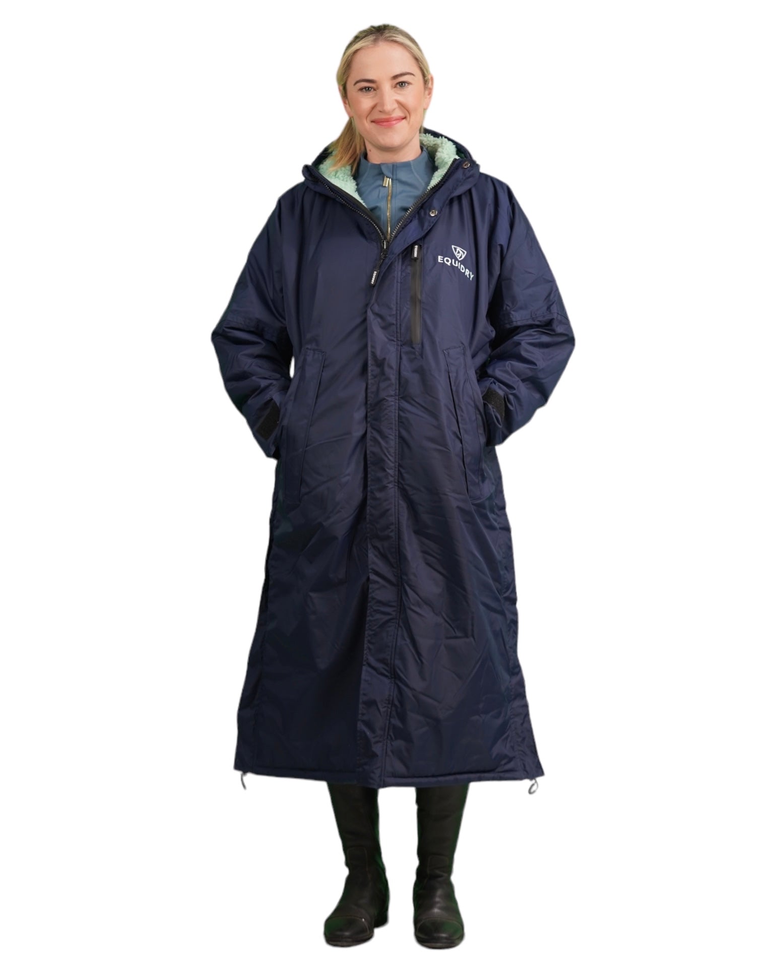 Evolution Women's Warm Waterproof Long Horse Riding Coat Thick Fleece Lining Cosy Fleece Lined Hood in Navy/Jade full length studio