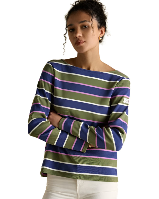Joules Harbour Top: Green Multi Striped Long Sleeve Cotton Shirt for Women. Stylish and comfortable nautical-inspired fashion.