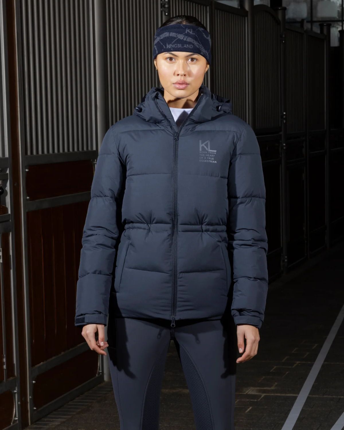 KINGSLAND KLVEA Ladies Insulated Jacket Navy. Equestrian winter jacket with adjustable hood and zipper. Available at Equiflair.